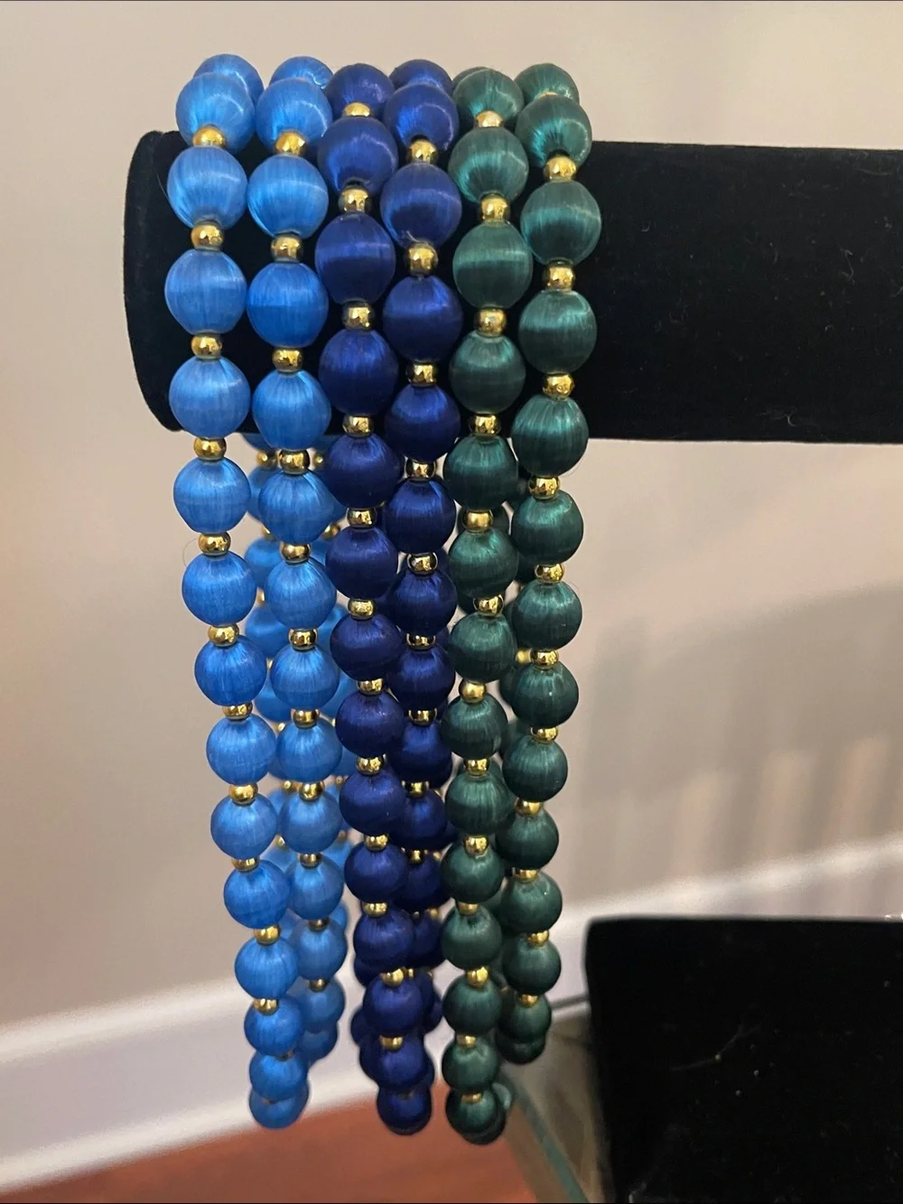 Vintage 3 Necklaces with Spun Silk Satin Beads Gold Tone Spacers 30 In. Approx